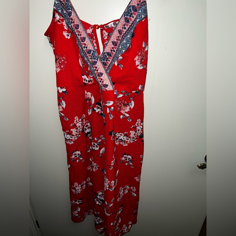 Red Floral Dress with V-Neck Trim medium rowa